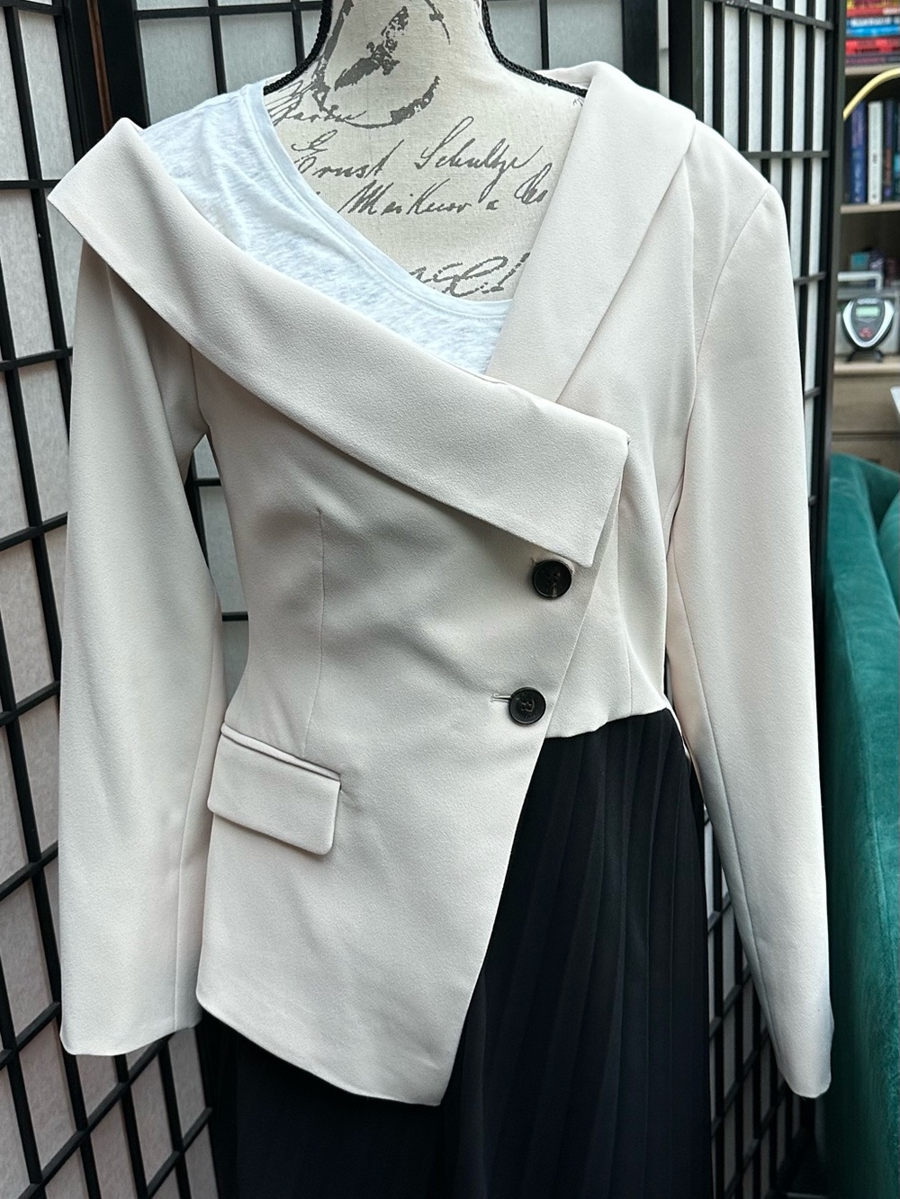 Karen Millen Cream Asymmetric Double-Button Blazer